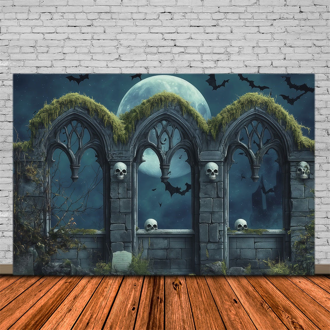 Custom Halloween Backdrop Gothic Skull Moon Arches Halloween Graveyard Backdrop UK RR67-114