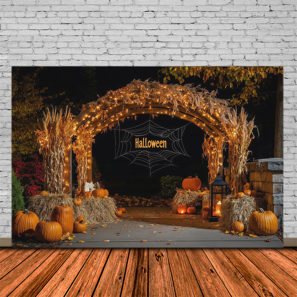 Fall Halloween Backdrop Harvest Hay Pumpkin Arch Scary Halloween Backdrops UK RR67-117