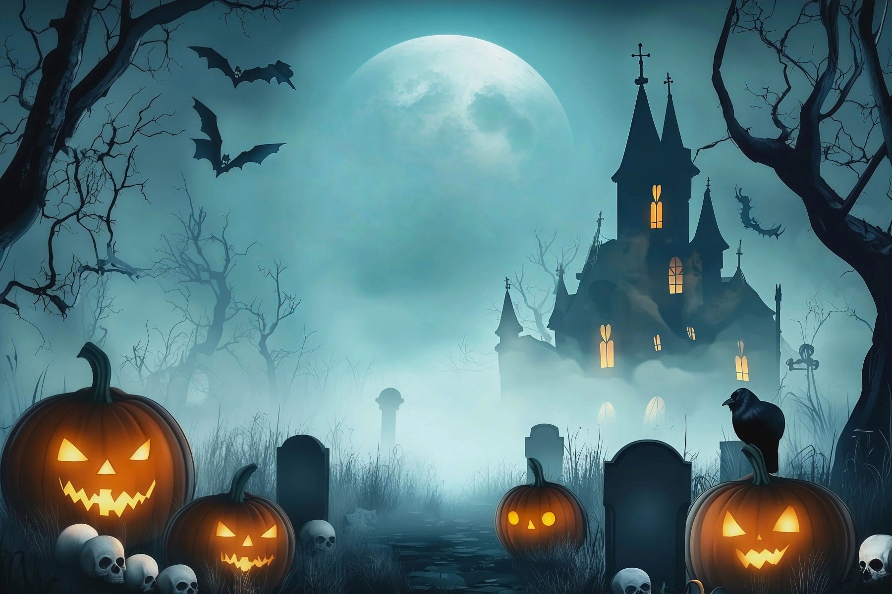 Halloween Garage Backdrop Misty Pumpkin Haunted House Backdrops For Halloween UK RR67-125