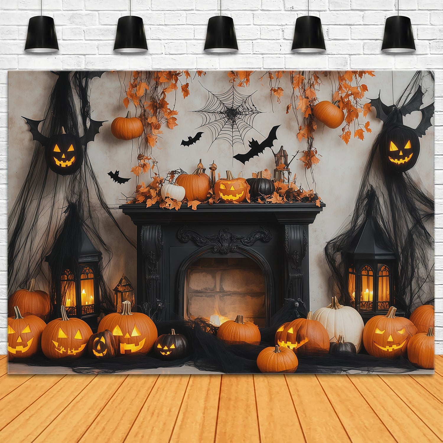 Halloween Backdrop Photo Booth Pumpkin Bat Fireplace Display Backdrops Halloween UK RR67-133