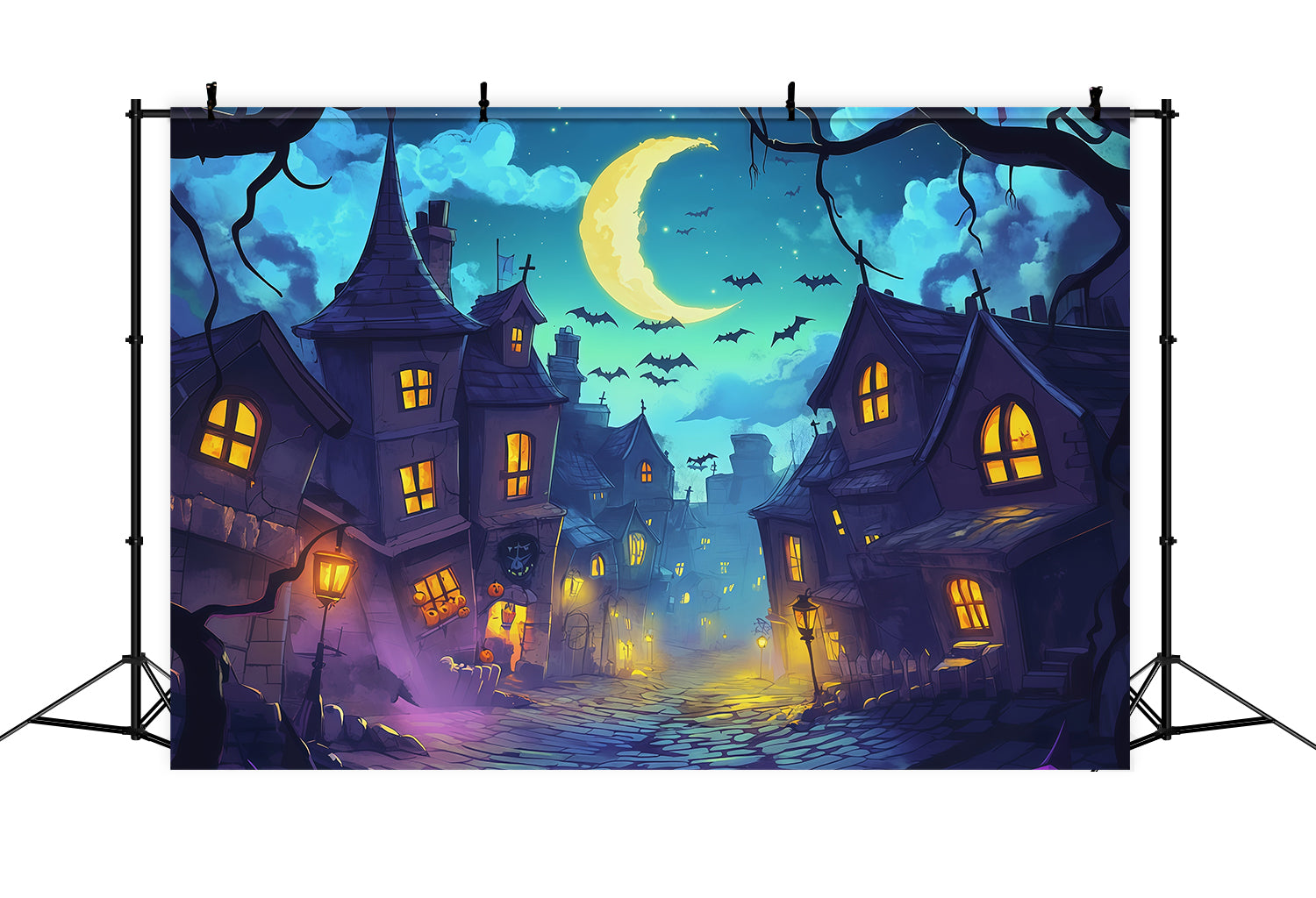 Photography Backdrops Halloween Moonlit Crooked Village Street Halloween Town Backdrop UK RR67-136