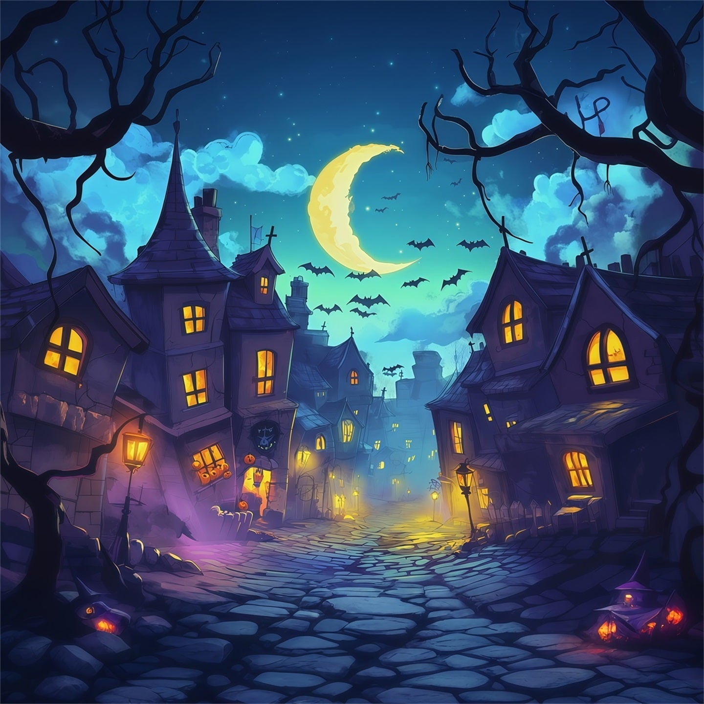 Photography Backdrops Halloween Moonlit Crooked Village Street Halloween Town Backdrop UK RR67-136