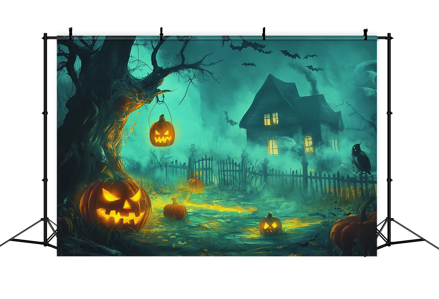 Halloween Backdrop Photography Foggy Pumpkin Haunted Cottage Halloween Scary Backdrop UK RR67-141