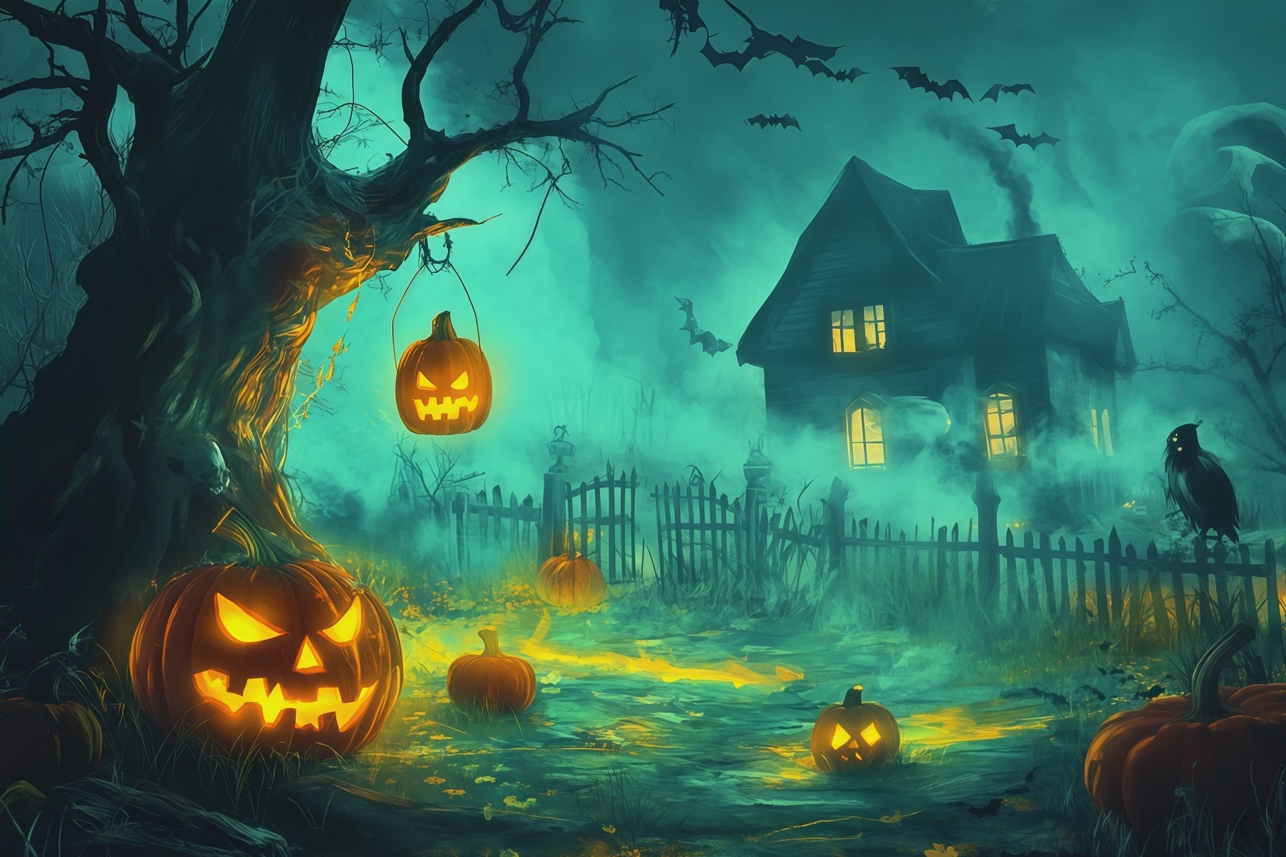 Halloween Backdrop Photography Foggy Pumpkin Haunted Cottage Halloween Scary Backdrop UK RR67-141