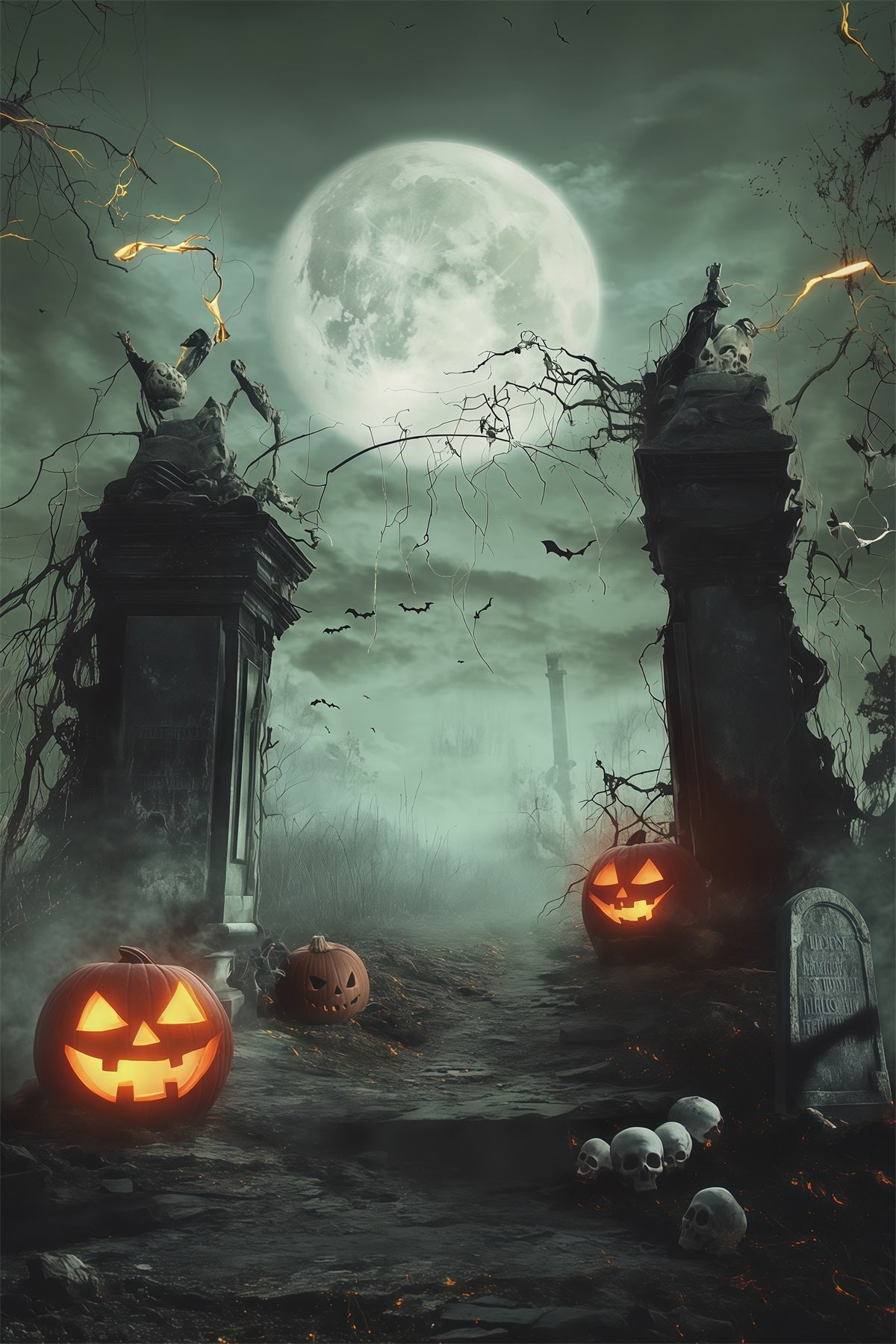 Halloween Themed Backdrops Moonlit Skull Pumpkin Gateway Halloween Backdrop Ideas UK RR67-154