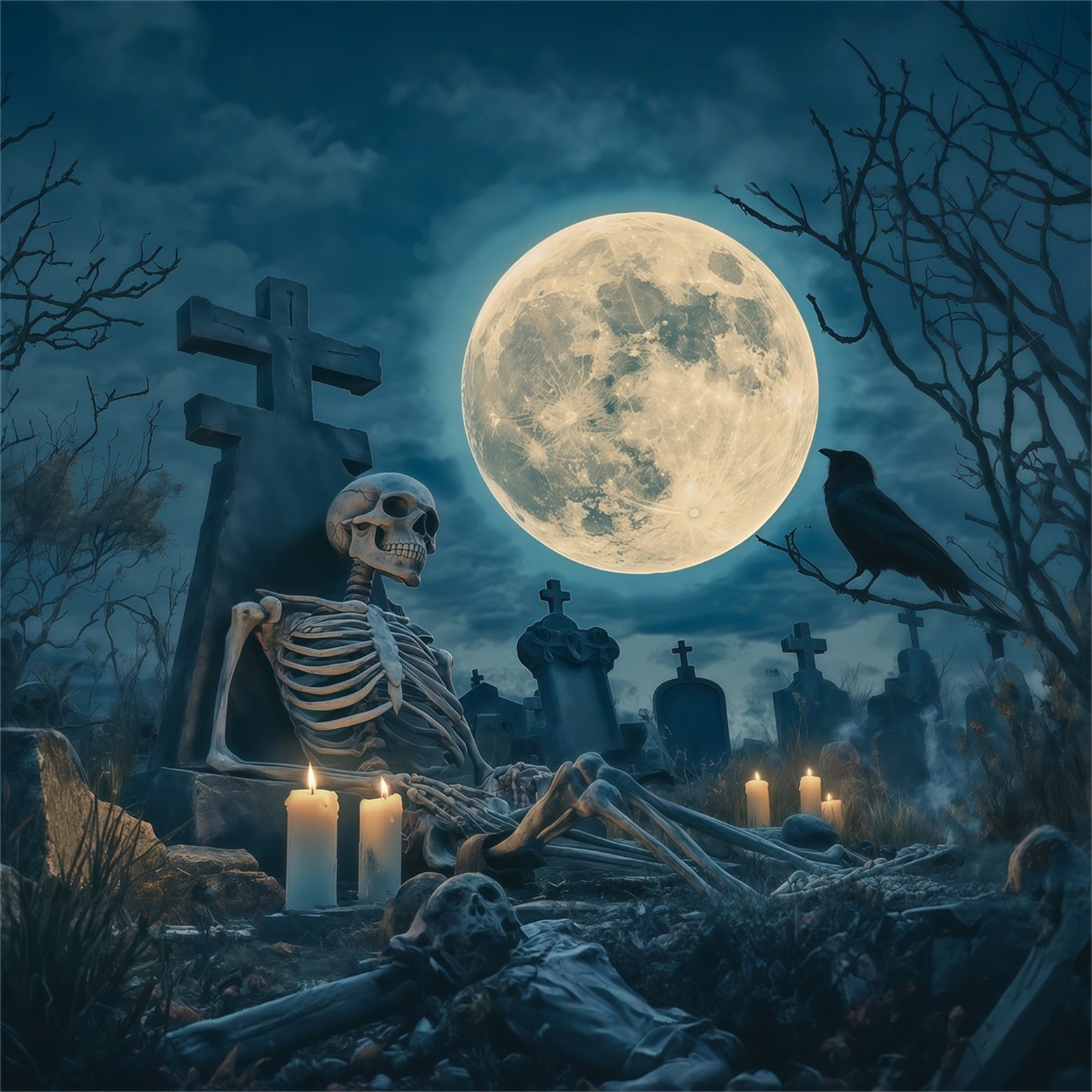 Halloween Skeleton Backdrop Moonlit Cemetery Vigil Black Halloween Backdrop UK RR67-163