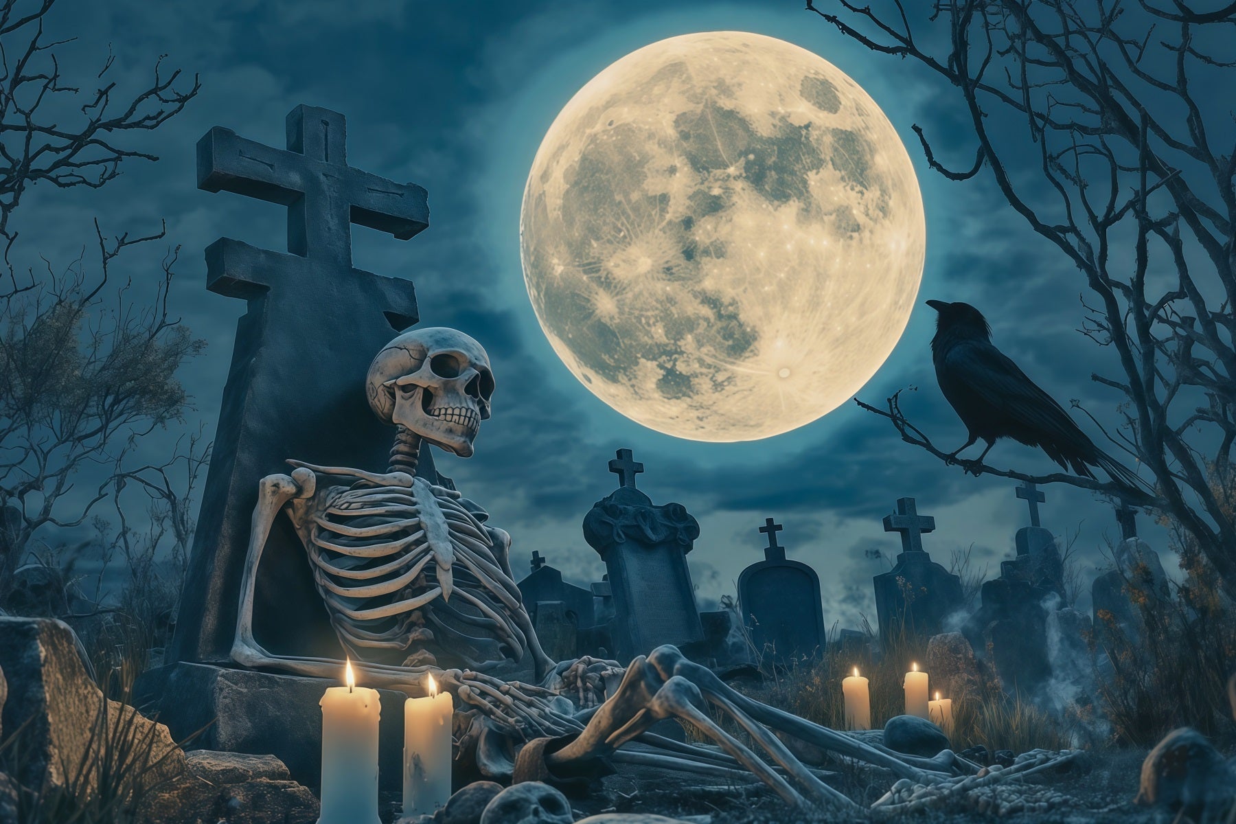 Halloween Skeleton Backdrop Moonlit Cemetery Vigil Black Halloween Backdrop UK RR67-163