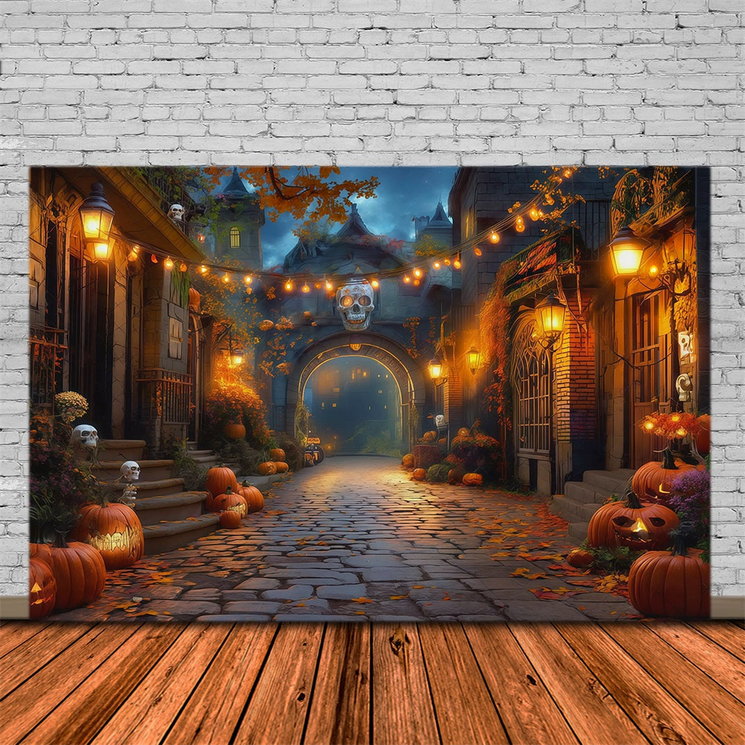 Fall Halloween Backdrop Pumpkin Alley Skull Lanterns Scary Halloween Backdrops UK RR67-17