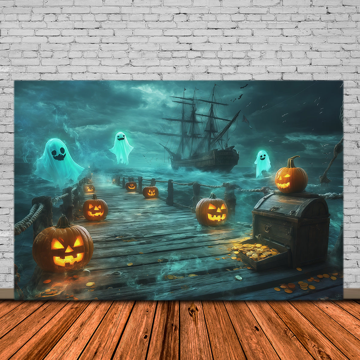 Halloween Pirate Backdrop Ghost Pirate Pumpkin Harbor Cute Halloween Backdrops UK RR67-173