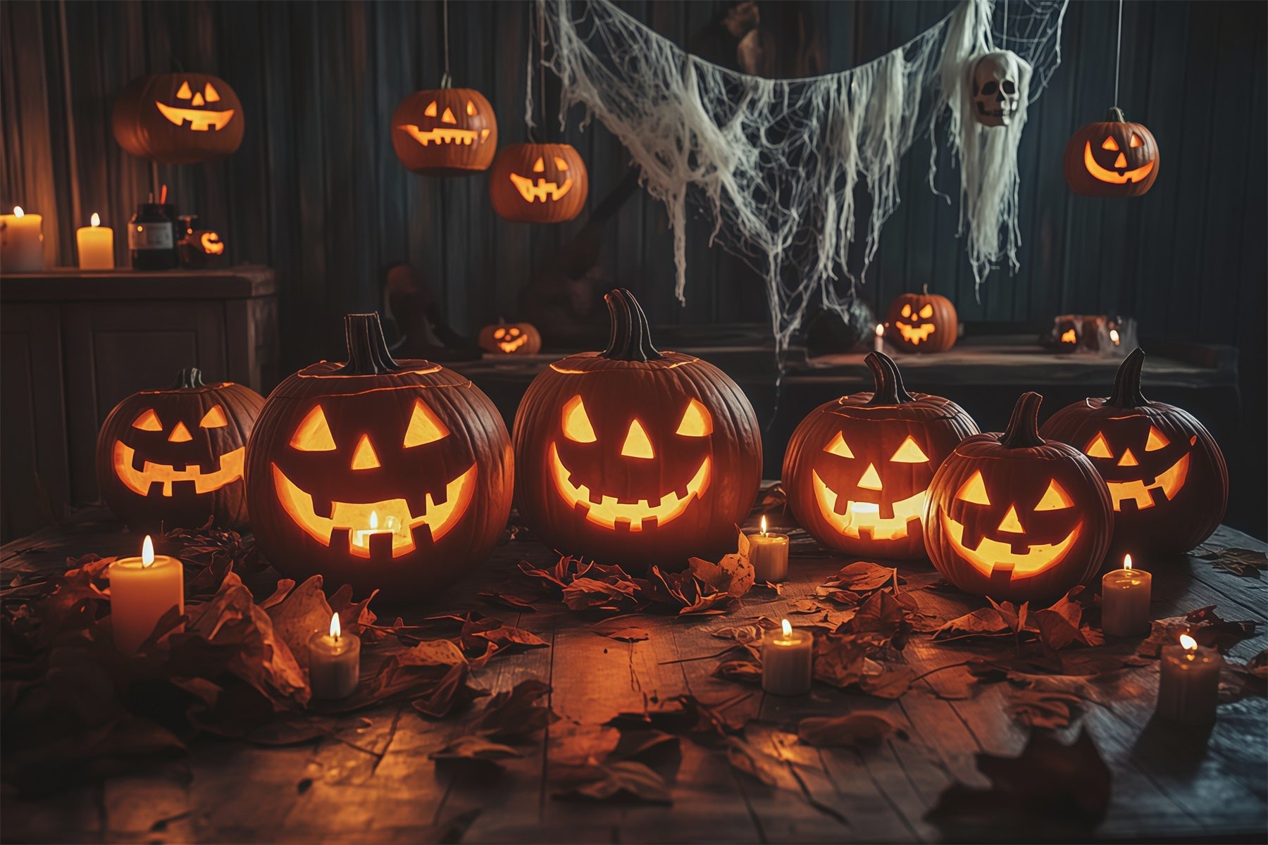 Pumpkin Halloween Backdrop Candlelit Gathering Table Halloween Party Backdrops UK RR67-174
