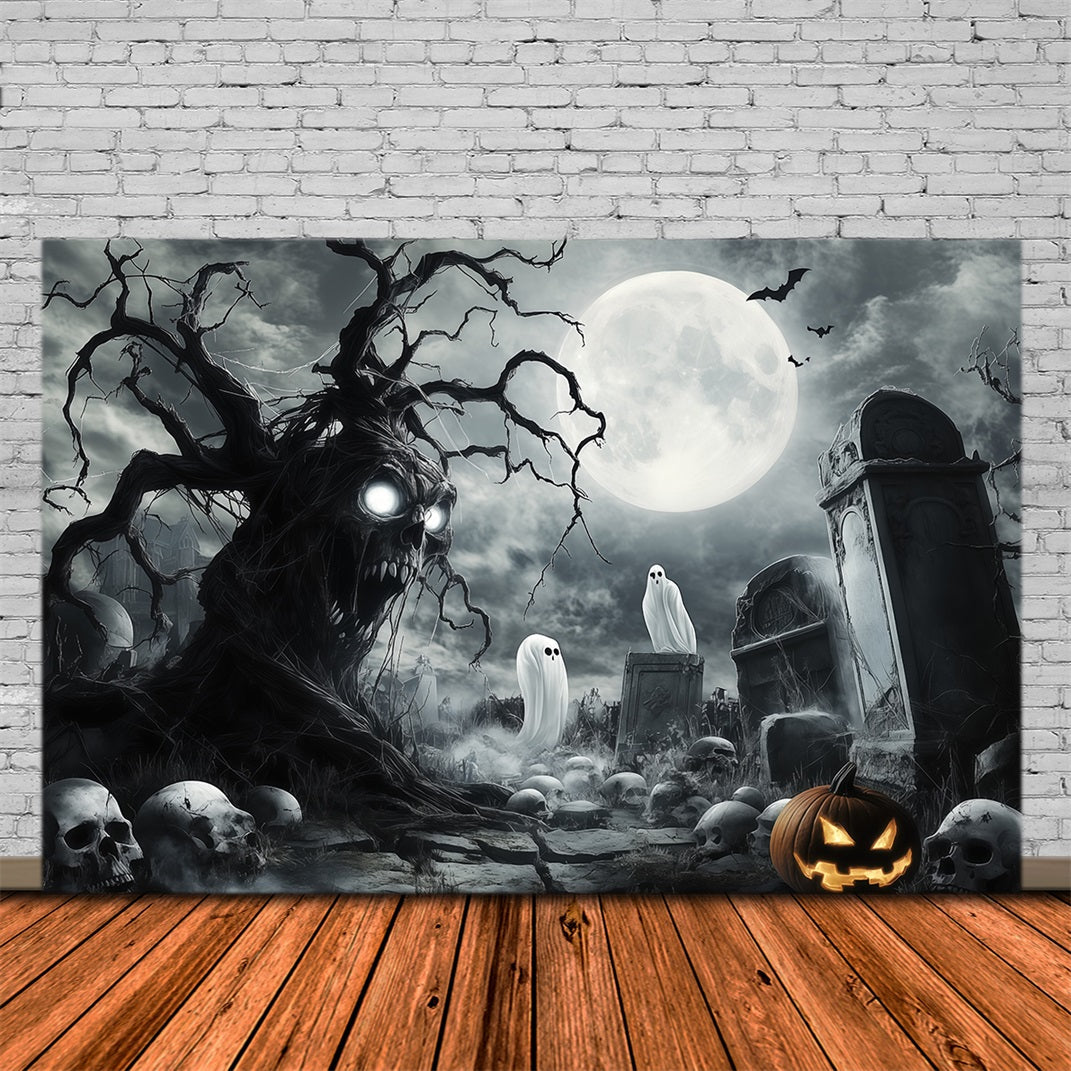 Halloween Ghost Backdrop Ghostly Skull Tree Graveyard Scary Halloween Backdrop UK RR67-18