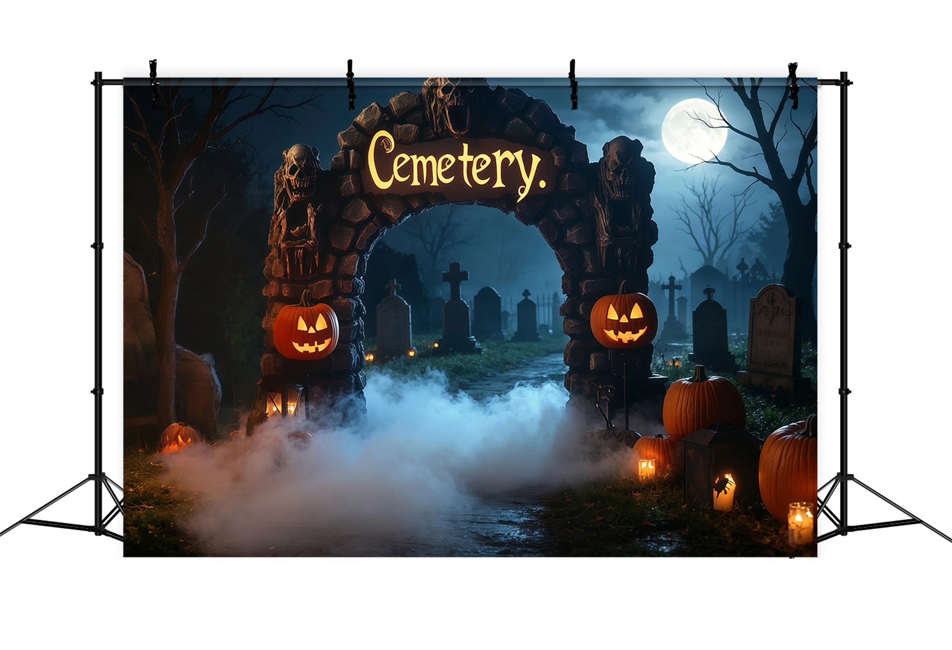 Halloween Cardboard Backdrops Foggy Graveyard Arch Pumpkins Halloween Photography Backdrop UK RR67-19