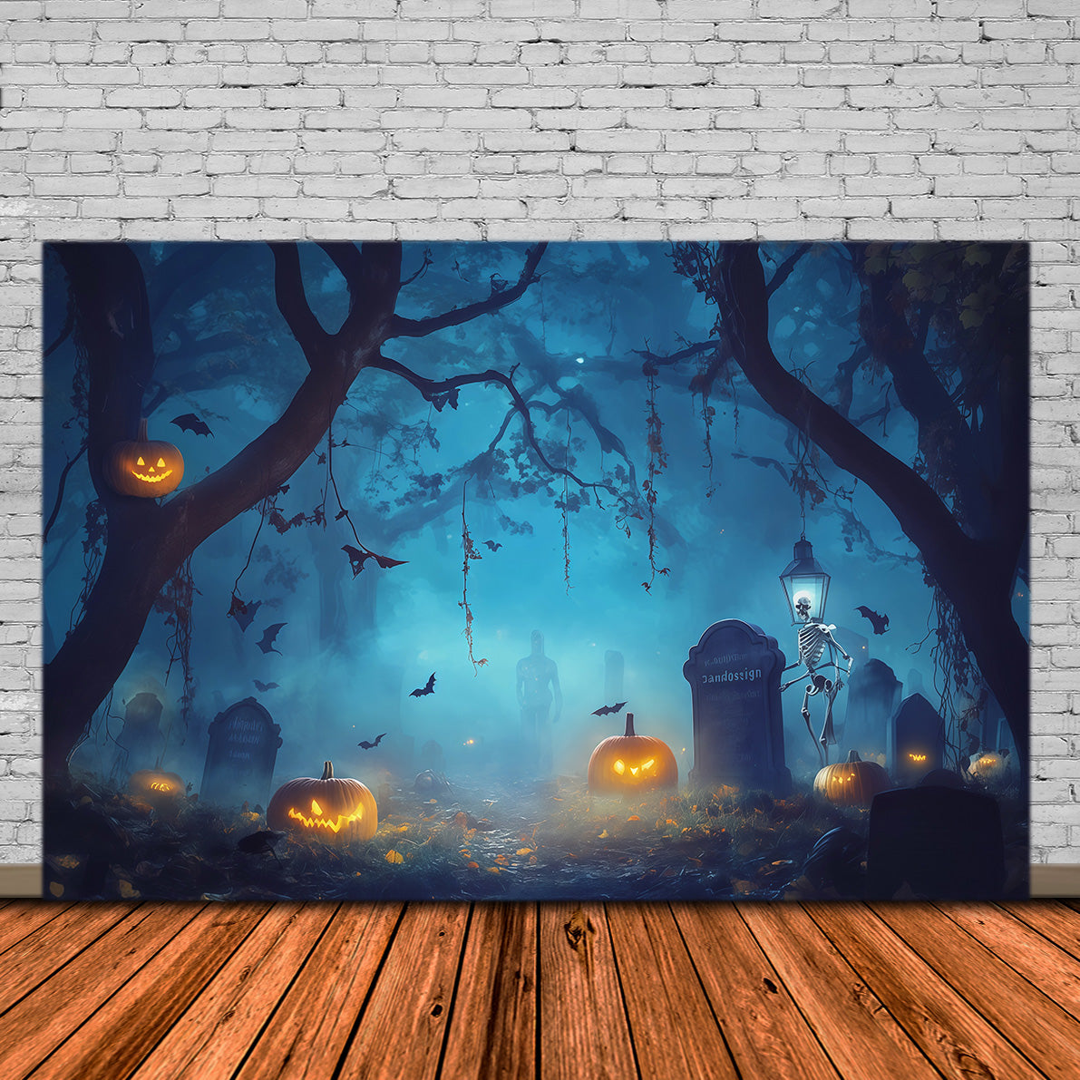 Jackolantern Backdrop Foggy Skeleton Graveyard Scary Halloween Backdrop Ideas UK RR67-192