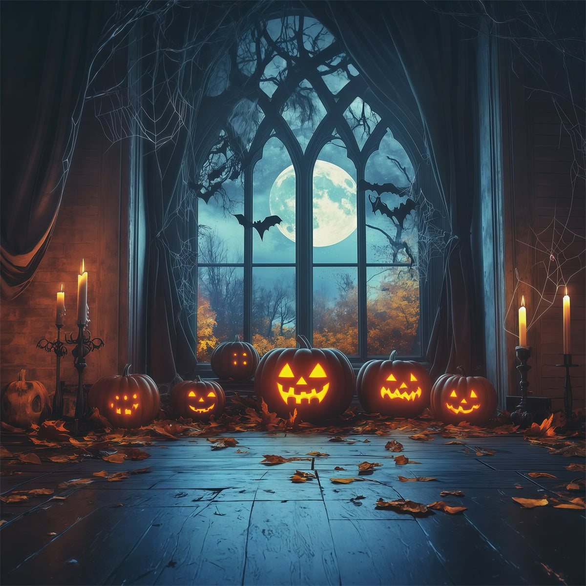 Halloween Backdrop Window Gothic Moonlit Pumpkin Halloween Arch Backdrop UK RR67-195