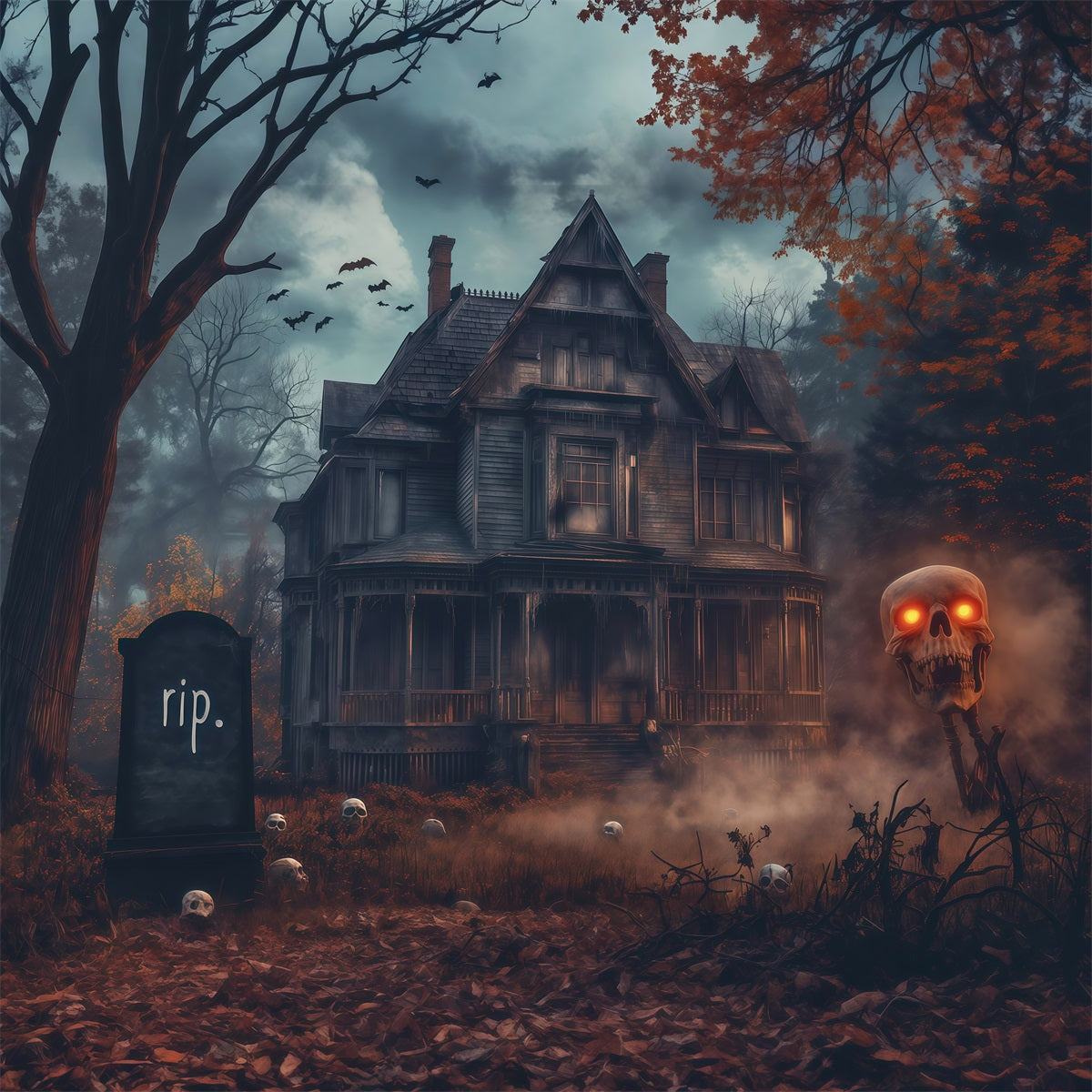 Haunted House Back Drop Foggy Skull Haunted Manor Halloween Backdrop Photo Booth UK RR67-196