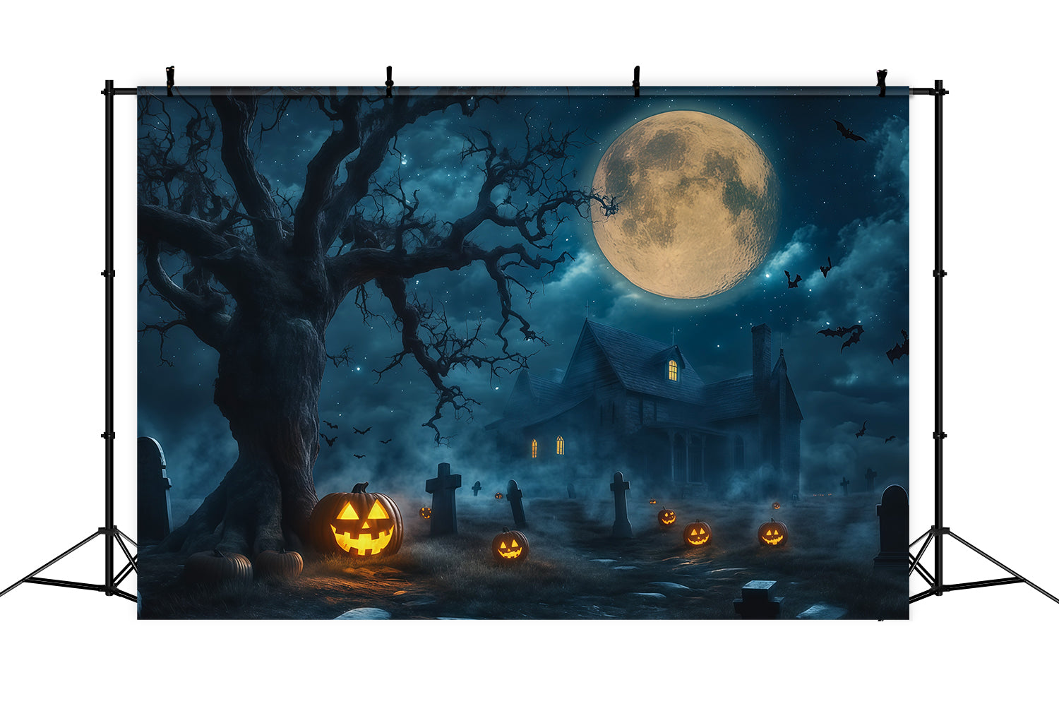 Haunted House Backdrop Banner Moonlit Pumpkin Graveyard Manor Halloween Stage Backdrop UK RR67-197