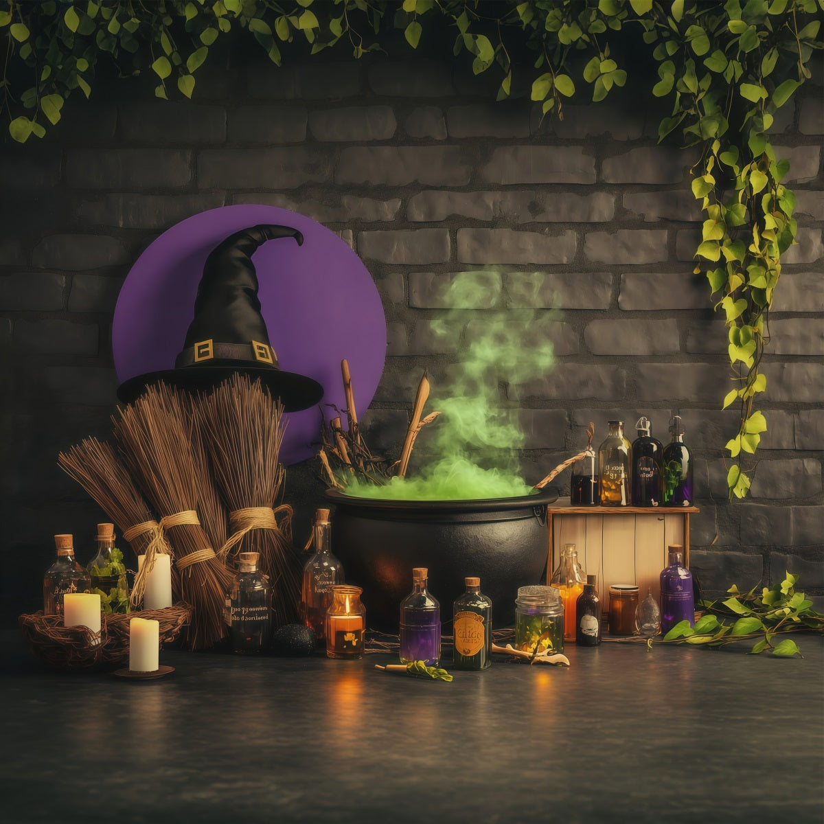 Brick Wall Backdrop Halloween Bubbling Witch Potion Workshop Wizard Of Oz Backdrops UK RR67-199