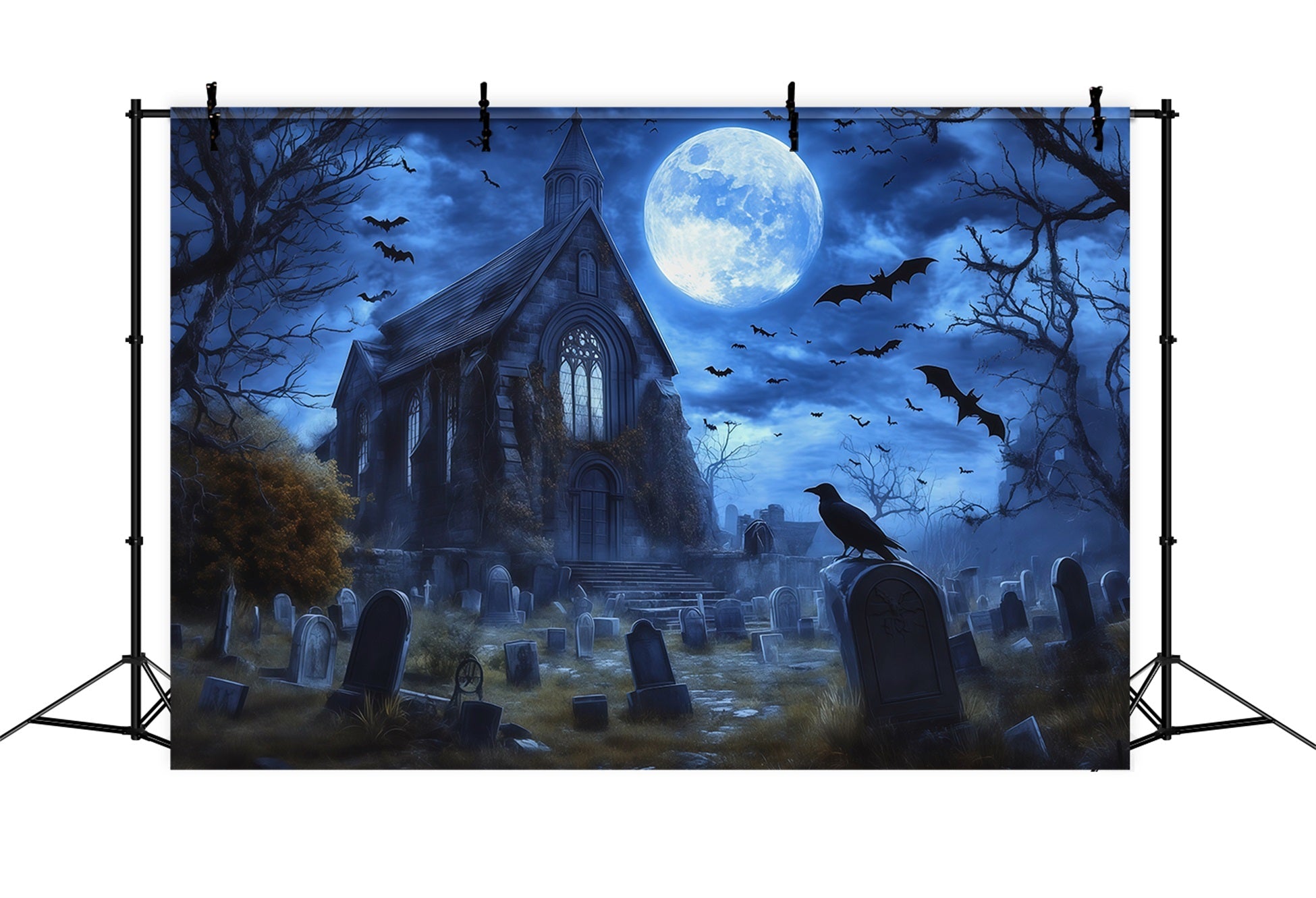 Halloween Graveyard Backdrops Moonlit Gothic House Bats Photo Booth Halloween Backdrop UK RR67-22