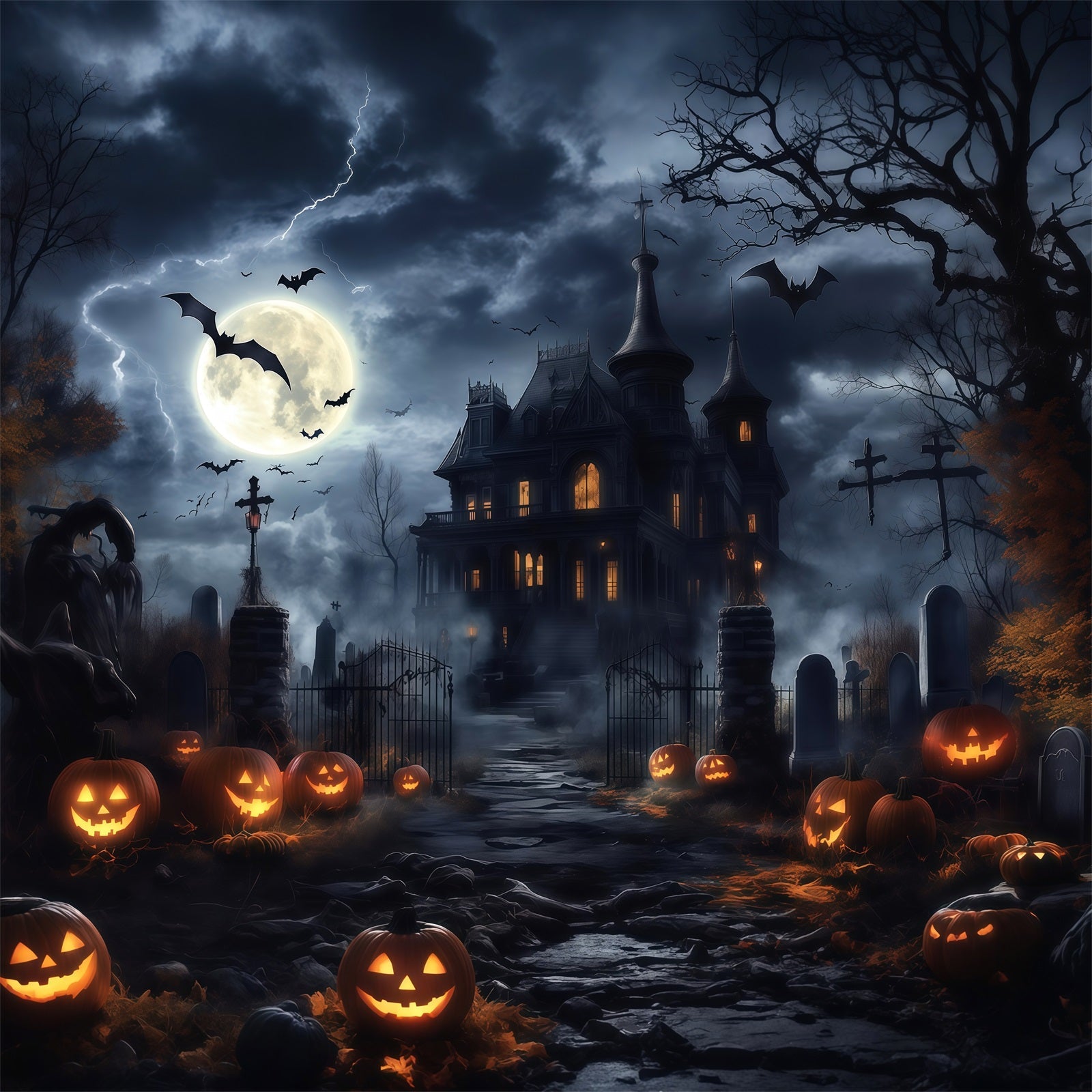 Halloween Spooky Backdrop Stormy Mansion Pumpkin Graveyard Spooky Halloween Backdrops UK RR67-24