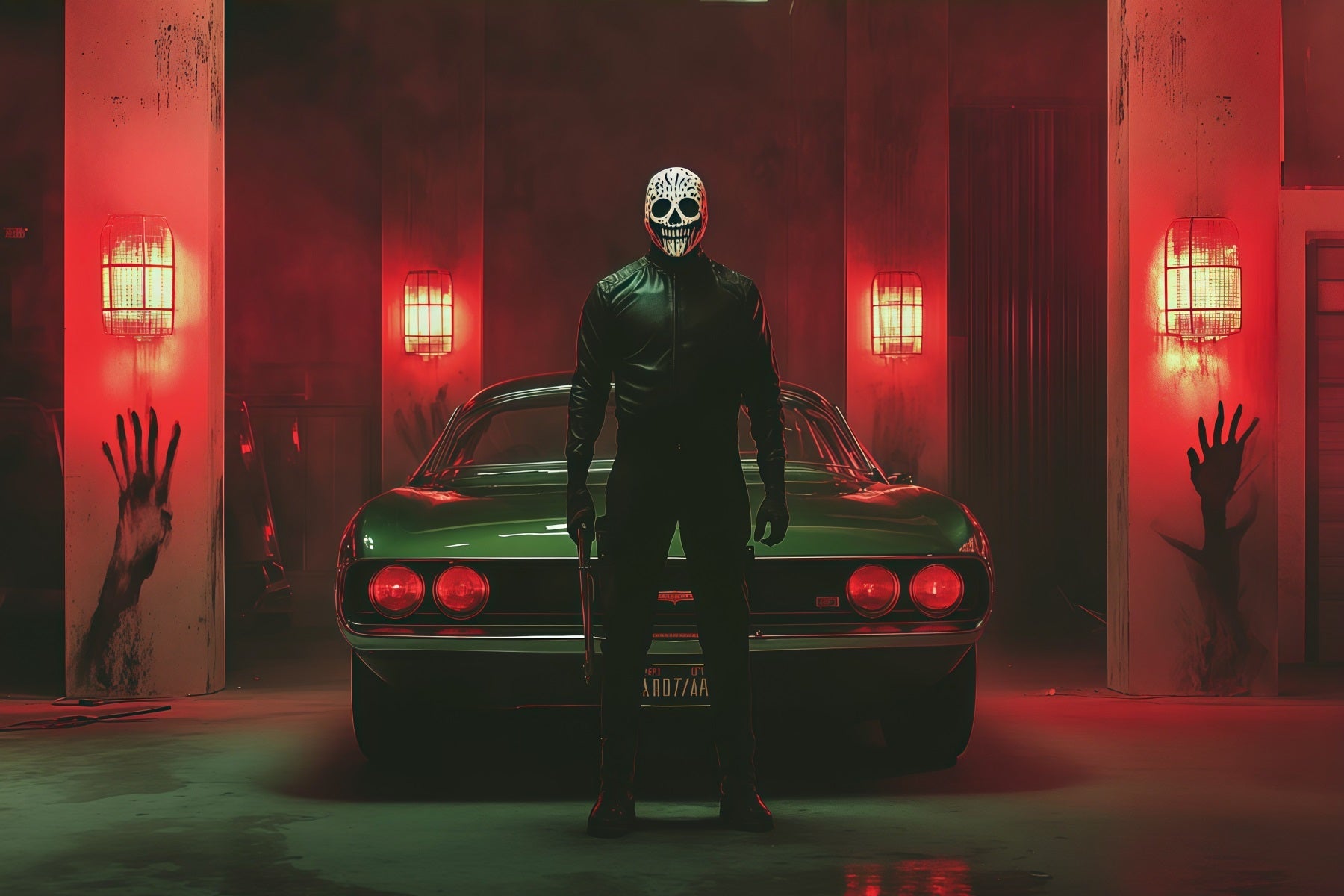 Halloween Garage Backdrop Masked Killer Car Bloody Handprint Backdrops For Halloween UK RR67-25