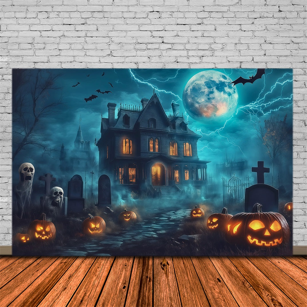 Halloween House Backdrop Lightning Mansion Pumpkin Graveyard Halloween Cemetery Backdrop UK RR67-27