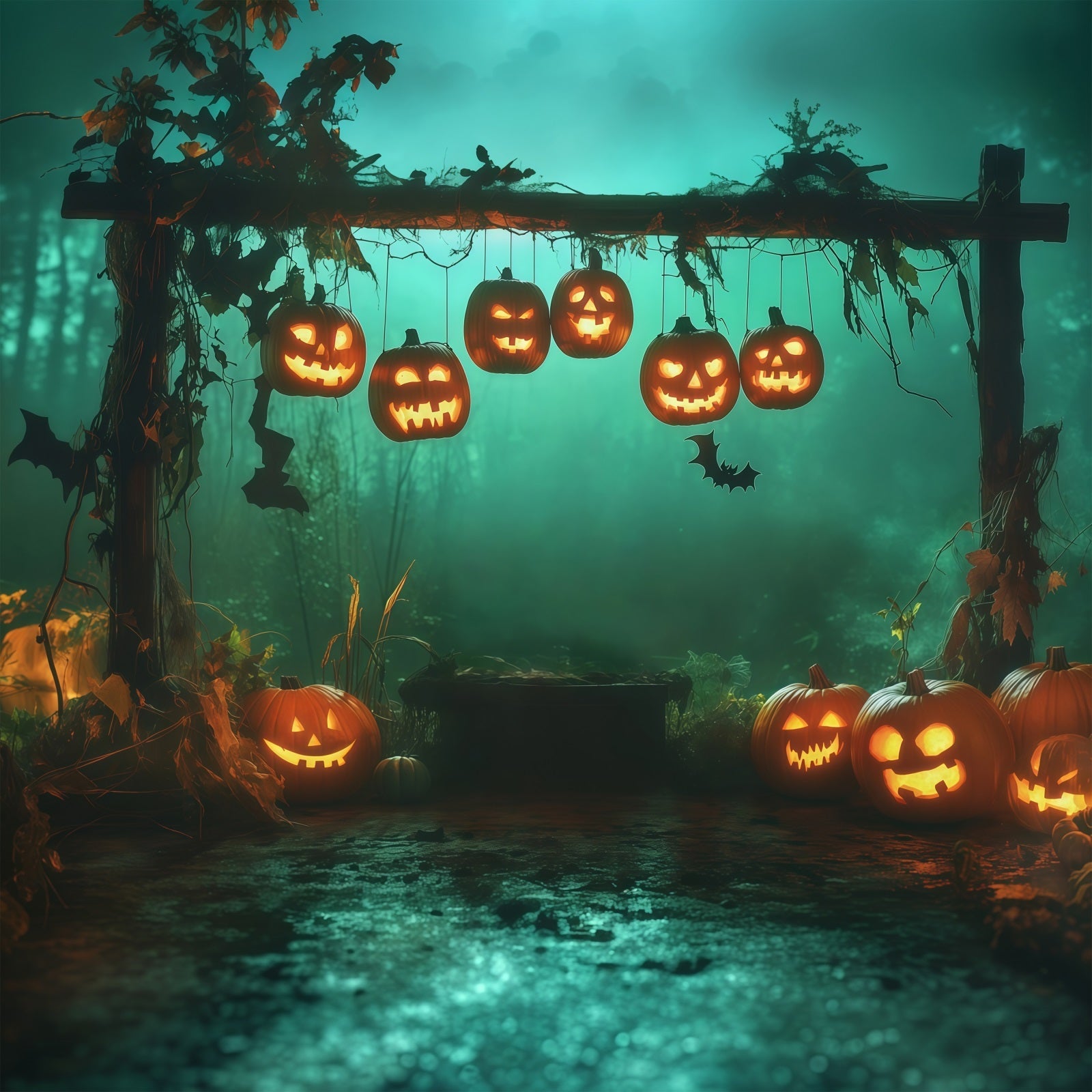 Scary Halloween Backdrop Ideas Hanging Pumpkin Forest Arch Halloween Photoshoot Backdrop UK RR67-28