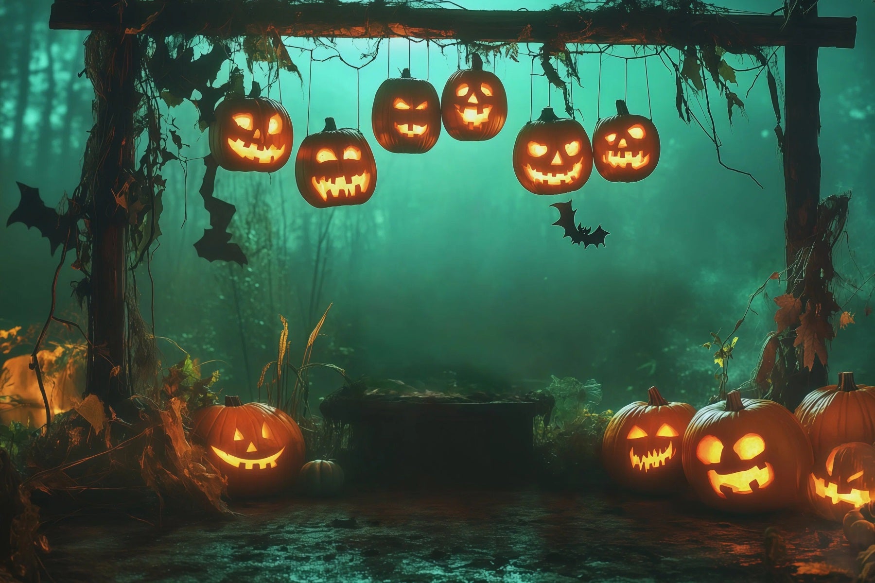Scary Halloween Backdrop Ideas Hanging Pumpkin Forest Arch Halloween Photoshoot Backdrop UK RR67-28