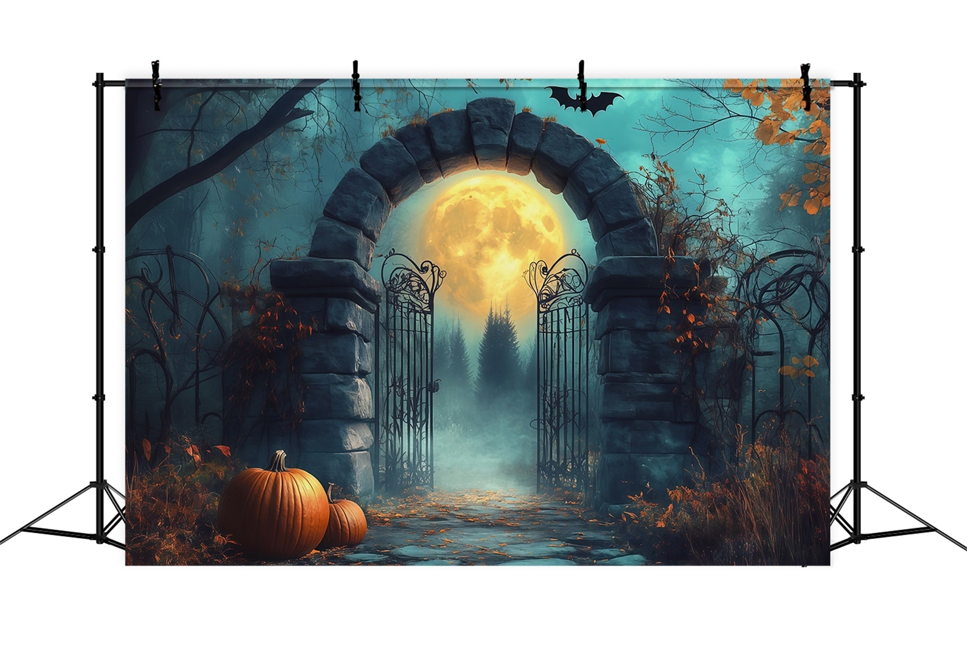 Halloween Arch Backdrop Moonlit Stone Gate Pumpkins Large Halloween Backdrops UK RR67-33