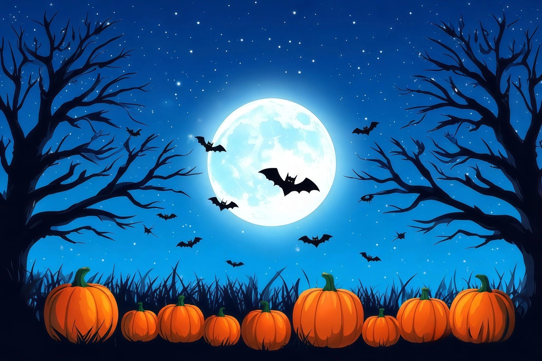 Halloween Backdrop Photo Booth Blue Moon Pumpkin Bats Backdrops Halloween UK RR67-34