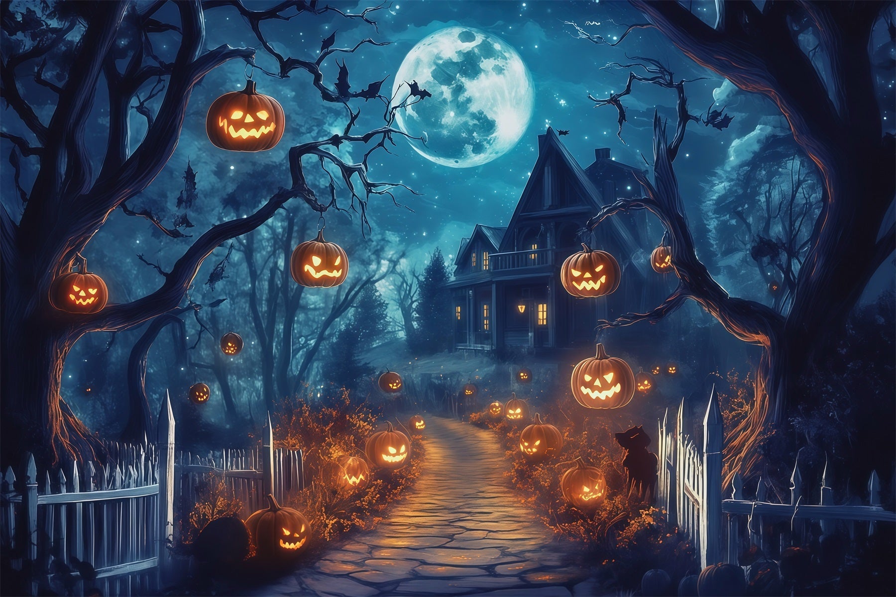 Halloween Outdoor Backdrop Moonlit Pumpkin House Path Halloween Backdrops For Photos UK RR67-61
