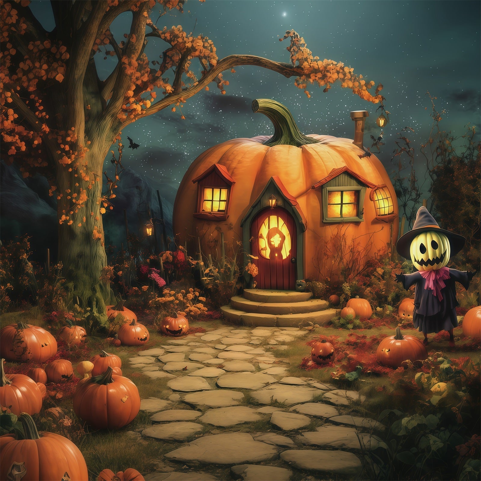 Halloween Pumpkin Backdrop Pumpkin Cottage Scarecrow Garden Halloween Photo Backdrop Ideas UK RR67-62
