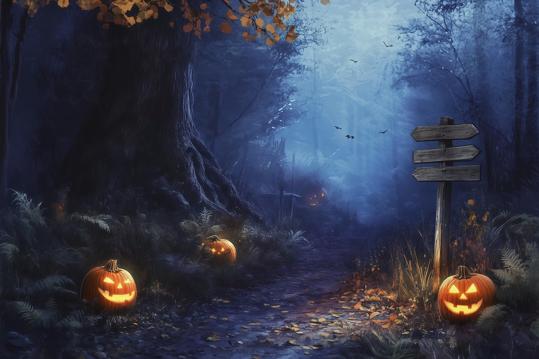 Fall Halloween Backdrop Foggy Forest Pumpkin Path Scary Halloween Backdrops UK RR67-67