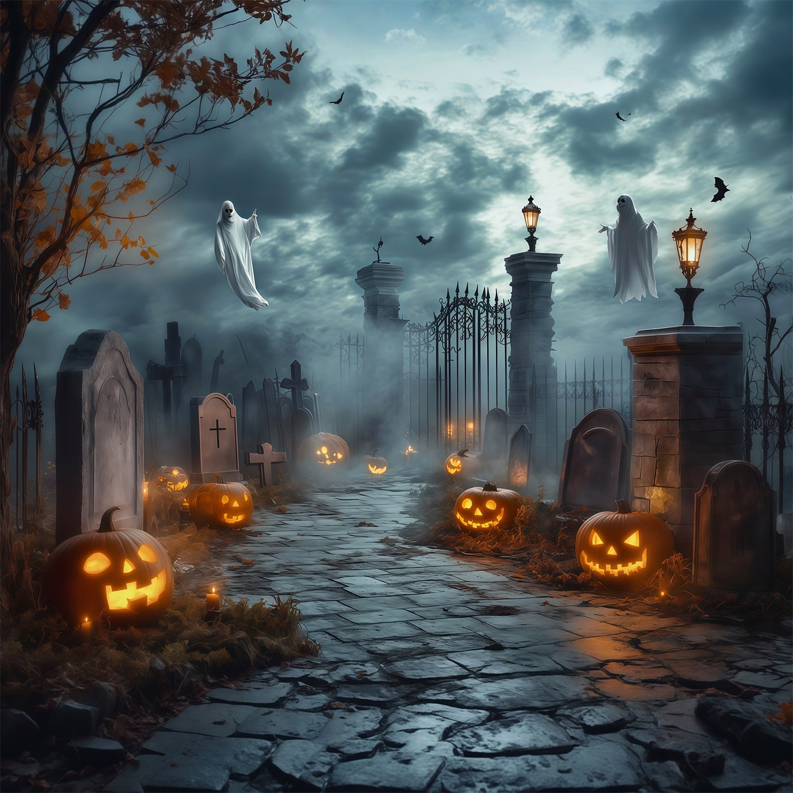 Halloween Ghost Backdrop Ghostly Cemetery Gate Pumpkins Scary Halloween Backdrop UK RR67-68