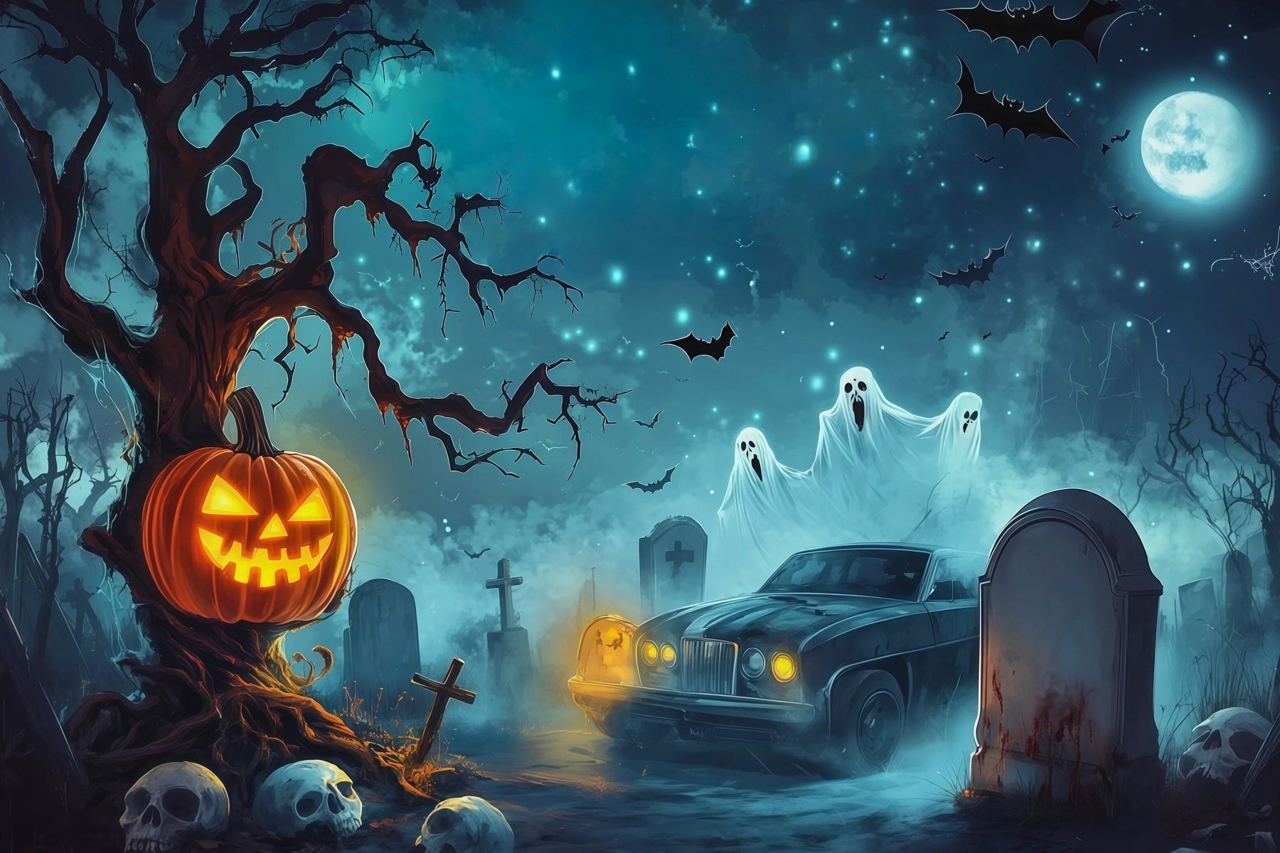 Halloween Garage Backdrop Pumpkin Ghost Graveyard Car Backdrops For Halloween UK RR67-75