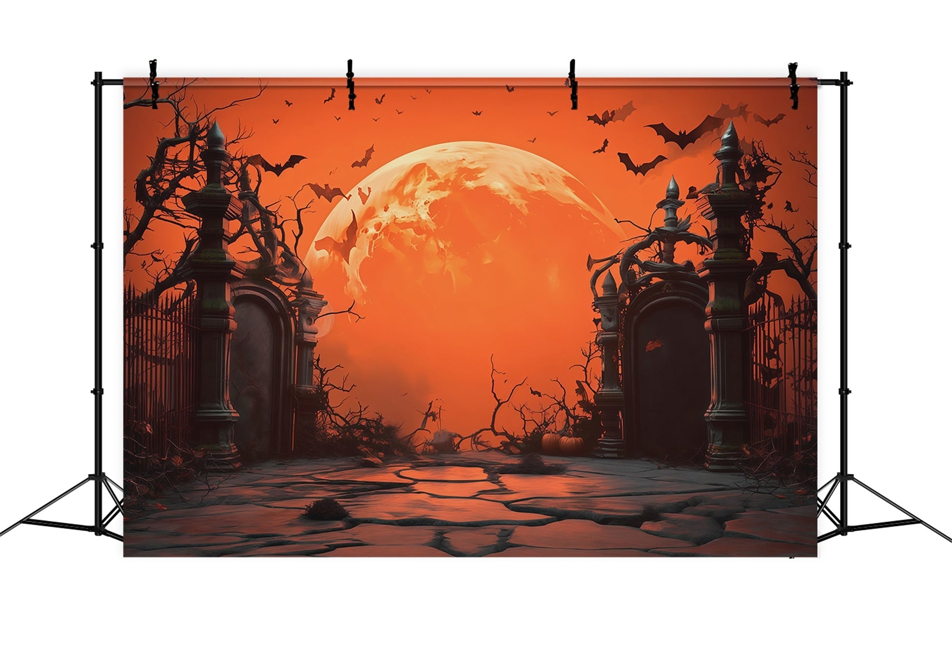Halloween Moon Backdrop Orange Moon Cemetery Gate Halloween Photo Backdrops UK RR67-8
