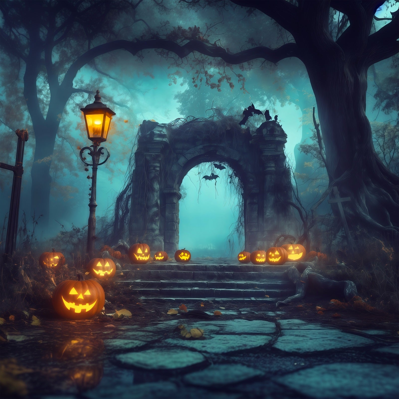 Halloween Forest Backdrop Pumpkin Stone Archway Fog Vintage Halloween Backdrop UK RR67-82