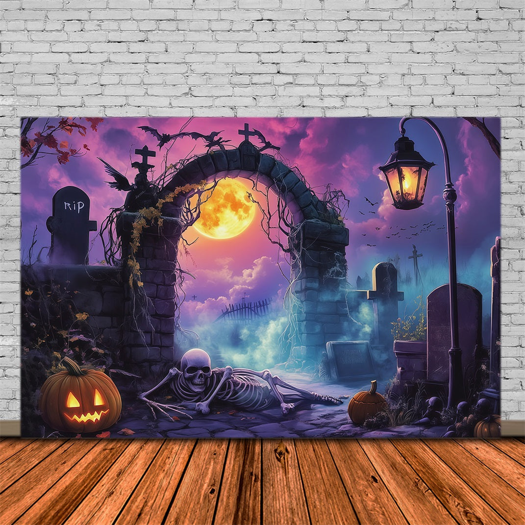 Outdoor Halloween Backdrop Moonlit Graveyard Arch Skeleton Spooky Halloween Backdrop UK RR67-9