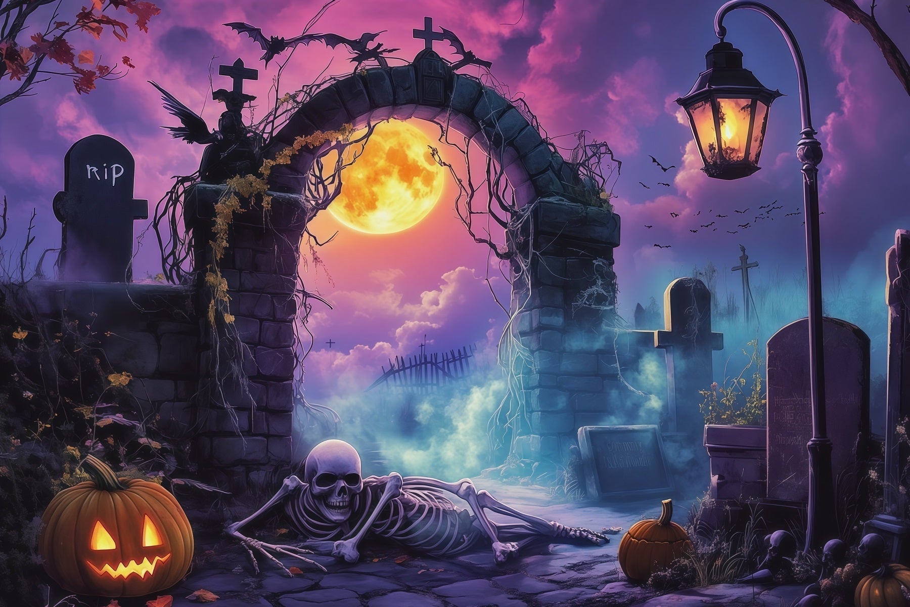 Outdoor Halloween Backdrop Moonlit Graveyard Arch Skeleton Spooky Halloween Backdrop UK RR67-9