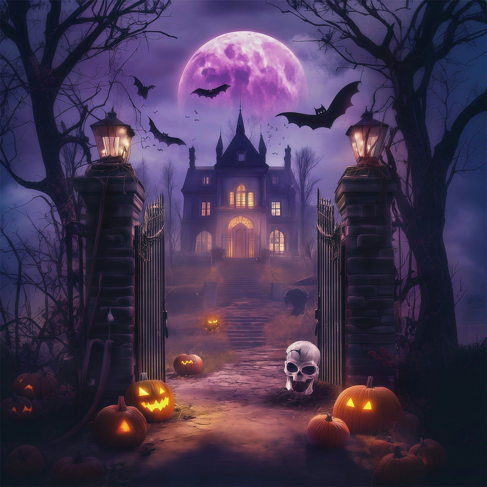 Diy Halloween Photo Booth Backdrop Purple Moon Haunted Gate 10x10 Halloween Backdrop UK RR67-91