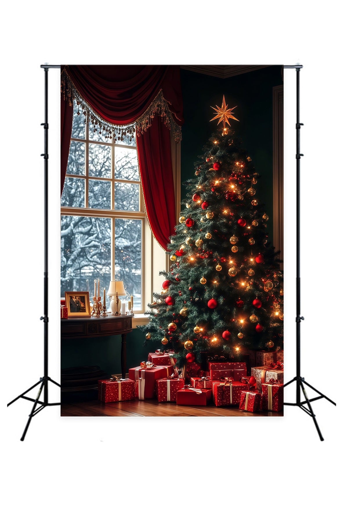 Christmas Tree Photo Backdrop Evergreen Tree Window Glow Christmas Backdrop UK RR68-61