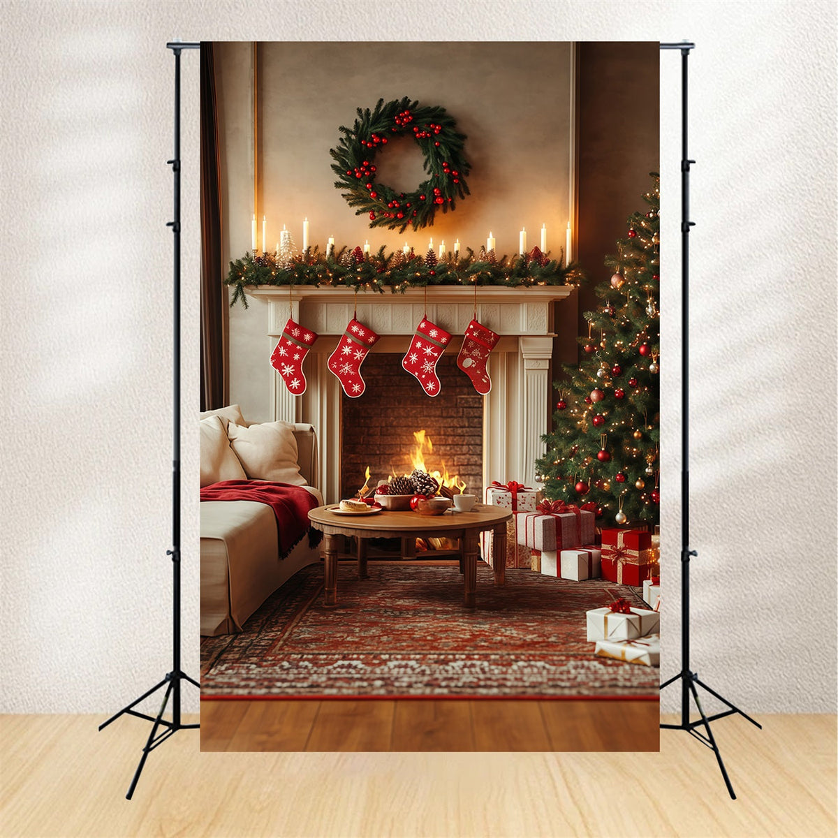 Christmas Living Room Backdrop Cozy Fireplace Stockings Large Christmas Backdrops UK RR68-70