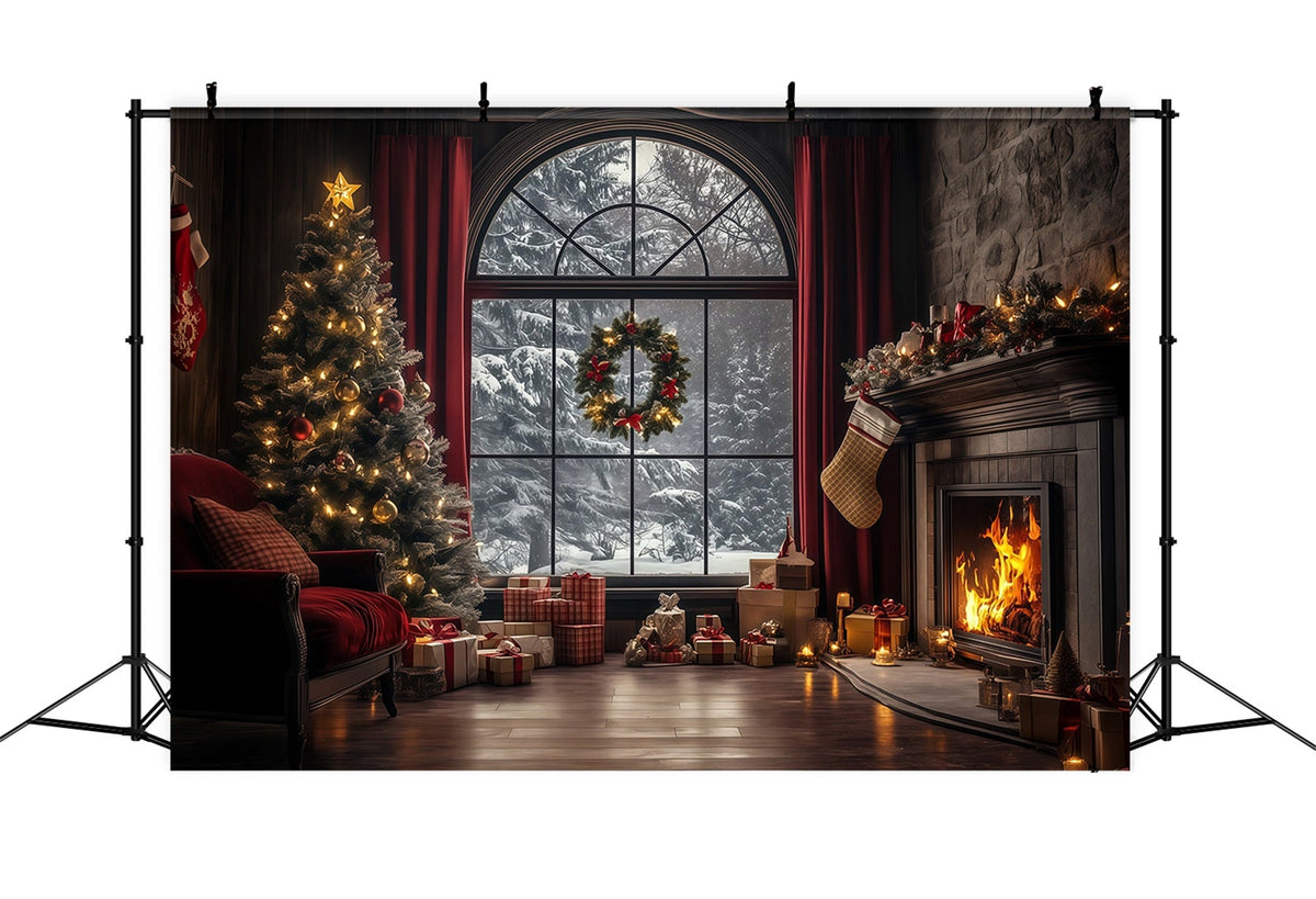 Christmas Window Backdrop Elegant Winter Livingroom Photography Christmas Backdrop UK RR68-75