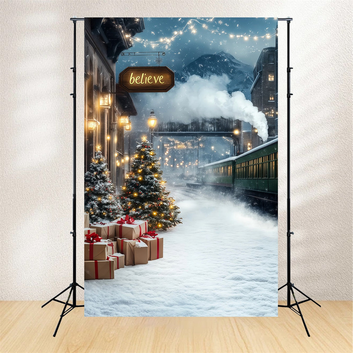 Winter Christmas Backdrop Mountain Train Station Christmas Backdrop Ideas UK RR68-78