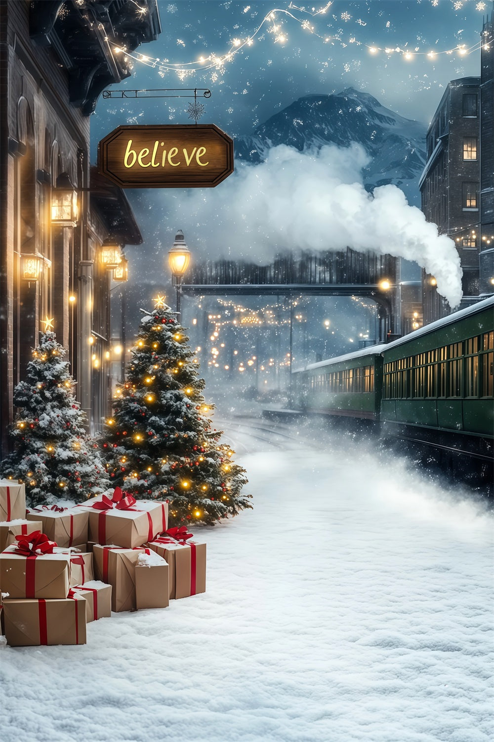 Winter Christmas Backdrop Mountain Train Station Christmas Backdrop Ideas UK RR68-78