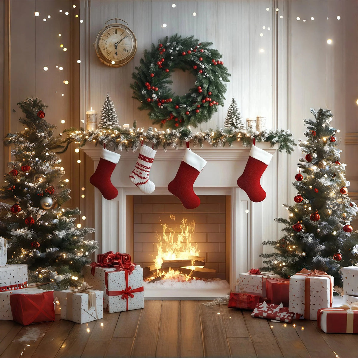White Christmas Backdrop Cozy Fireplace Stockings Photo Christmas Backdrops UK RR68-84