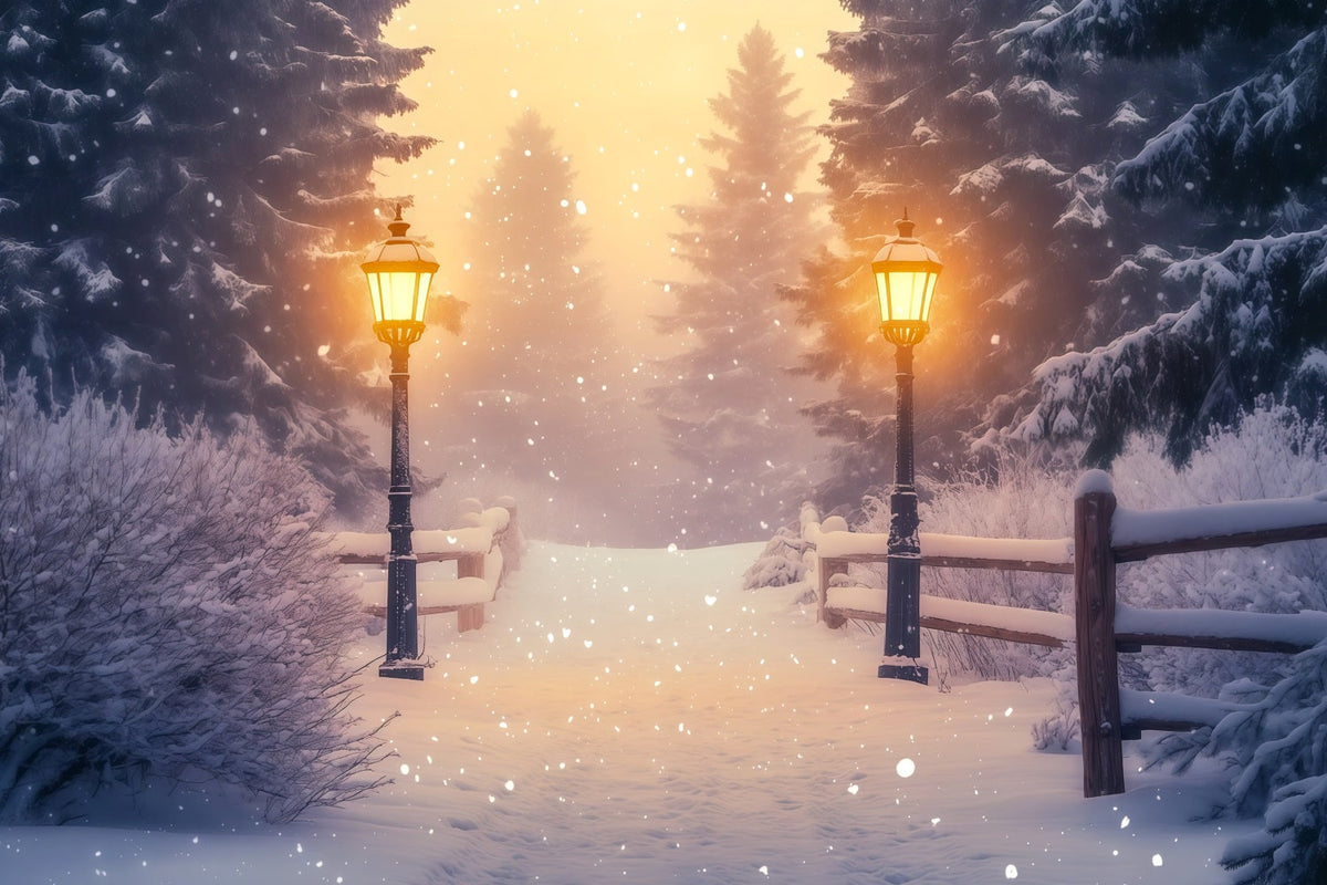 Snowy Christmas Backdrop Wonderland Forest Lantern Path Christmas Studio Backdrops UK RR68-85