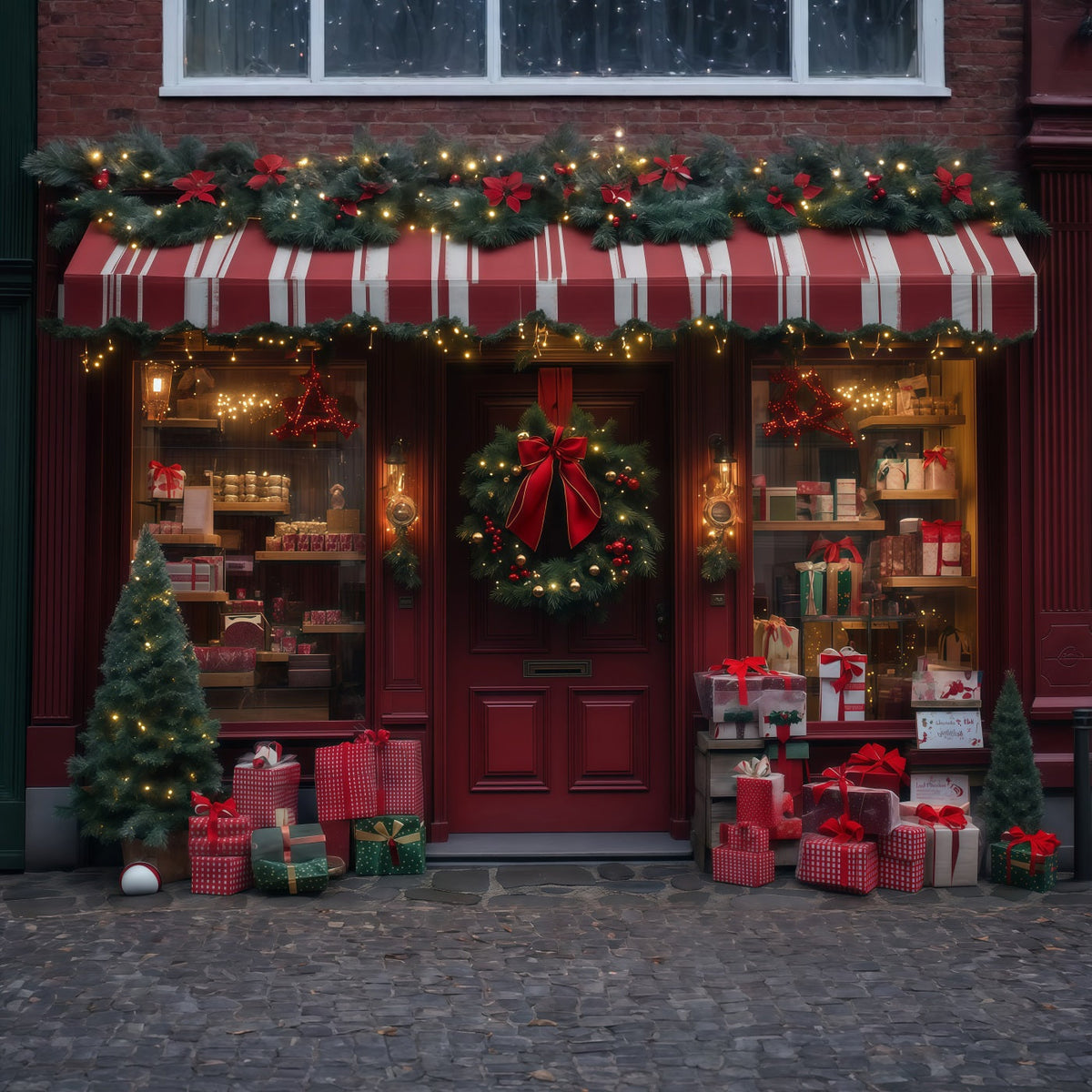 Christmas Store Backdrop Red Wreath Gift Shopfront Christmas Muslin Backdrop UK RR68-89