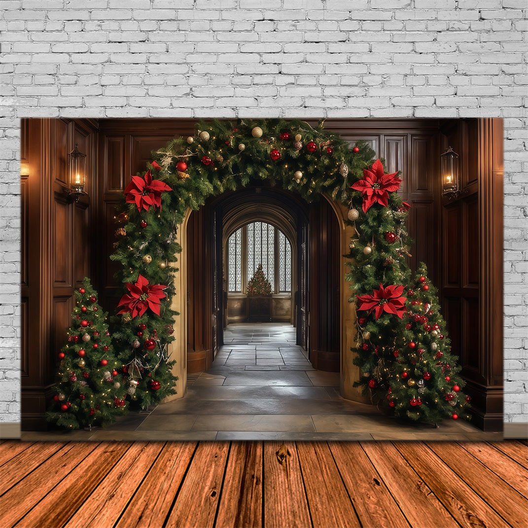Christmas Arch Backdrop Poinsettia Garland Hallway Arch Wall Backdrop Christmas UK RR68-93