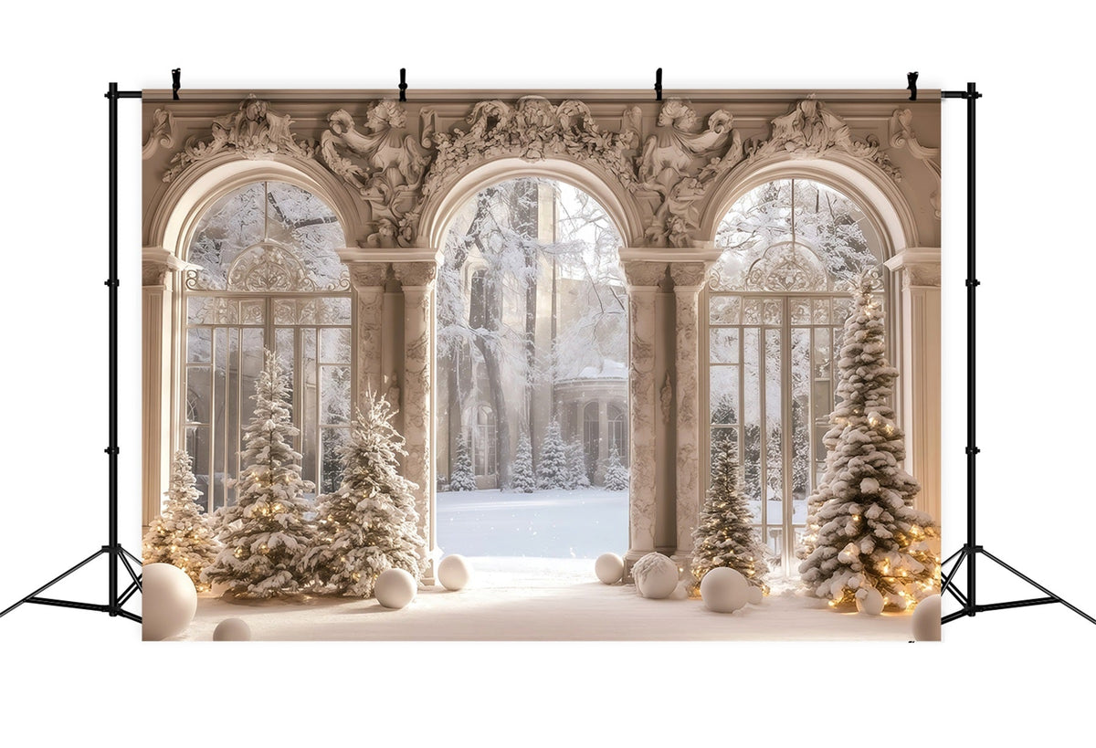 Victorian Christmas Backdrop Snowy Palace Window View Muslin Backdrop Christmas UK RR68-95