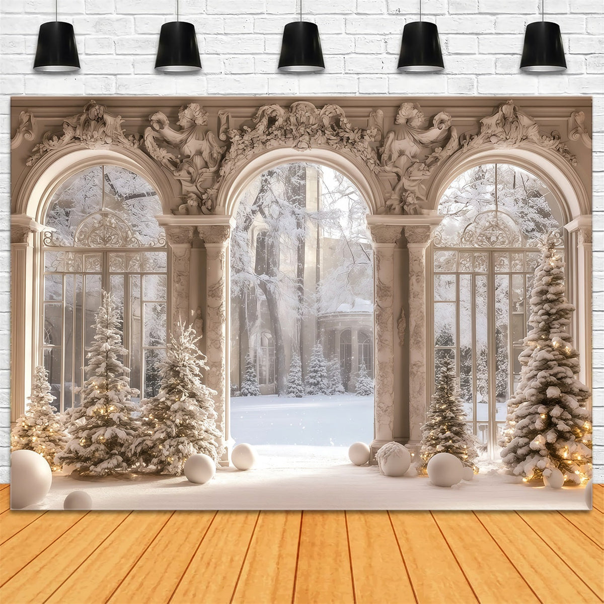 Victorian Christmas Backdrop Snowy Palace Window View Muslin Backdrop Christmas UK RR68-95